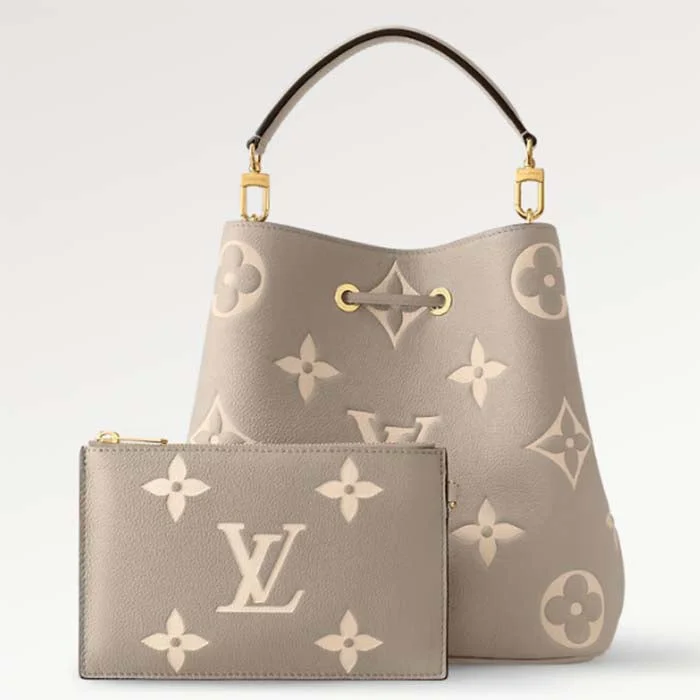 Louis Vuitton crossbody bags with a woven leather strap for textureLouis Vuitton LV Women NéoNoé MM Bucket Bag Tourterelle Gray Cream Embossed Grained Cowhide Leather