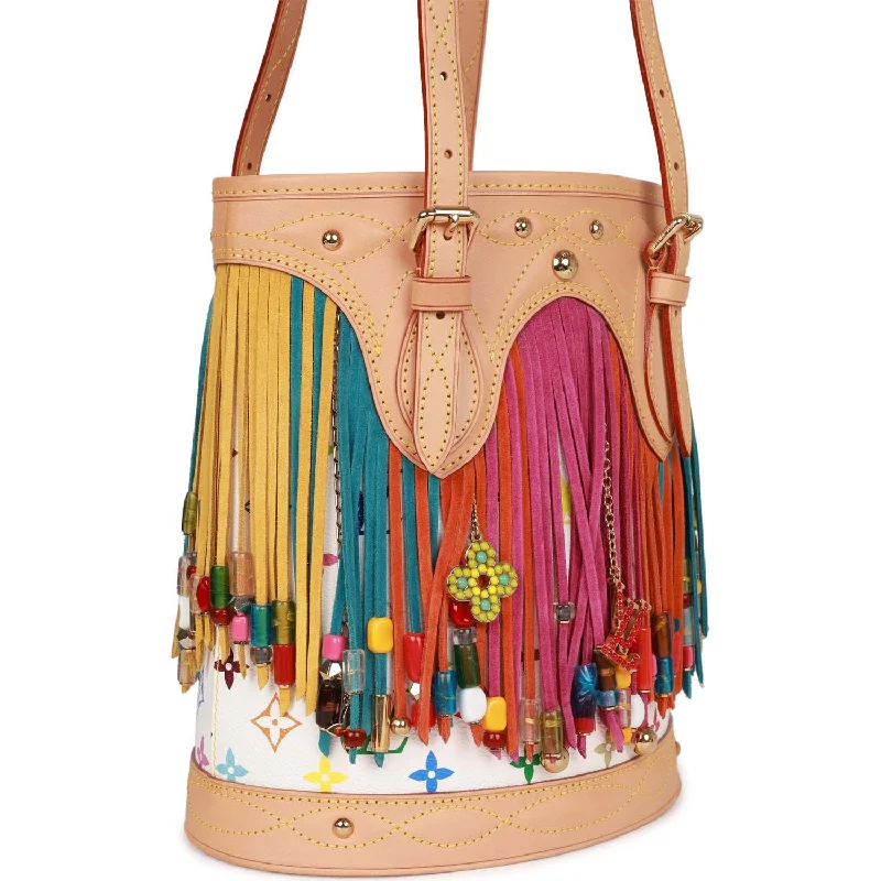 Small - sized Louis Vuitton Pochette Metis bags for a compact carryVintage Louis Vuitton White Multicolor Fringe Bucket Bag