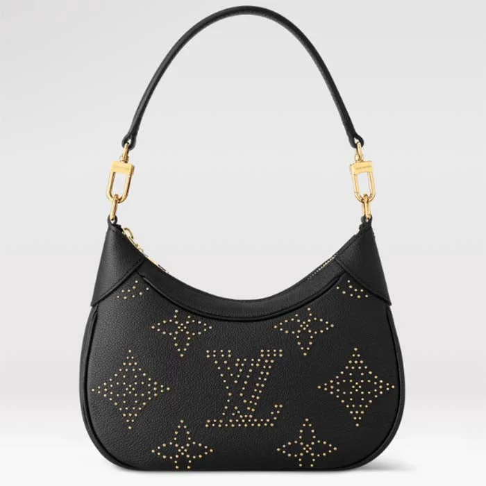 Louis Vuitton Twist bags with a contrast - colored interior for visual interestLouis Vuitton LV Women Bagatelle Black Handbag Black Monogram Empreinte Grained Cowhide Leather Studs