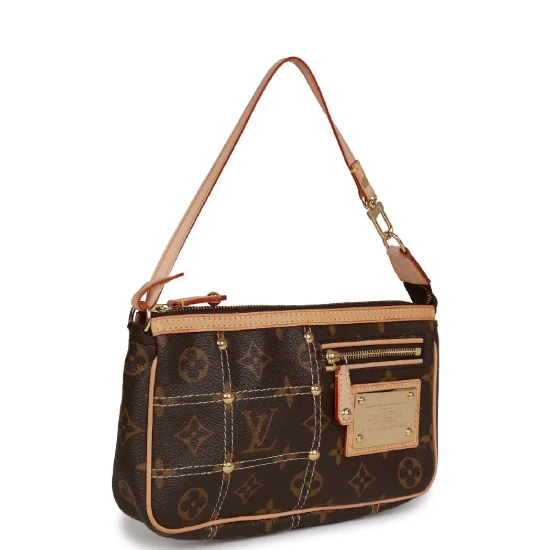 Louis Vuitton bags with a chain - link trim and a leather body for a modern edgeLouis Vuitton Brown Monogram Riveting Pochette Gold Hardware