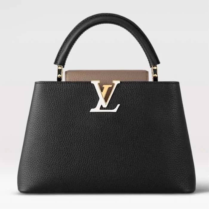 Louis Vuitton tote bags with a printed LV logo on the front for brand visibilityLouis Vuitton LV Women Capucines MM Handbag Black Fusain Cognac Taurillon Cowhide Leather