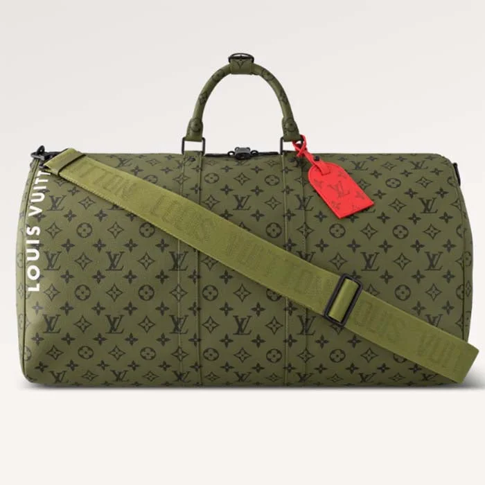 Louis Vuitton Alma bags featuring the signature top - handle designLouis Vuitton LV Unisex Keepall Bandoulière 55 Khaki Green Vermillion Red Monogram Canvas