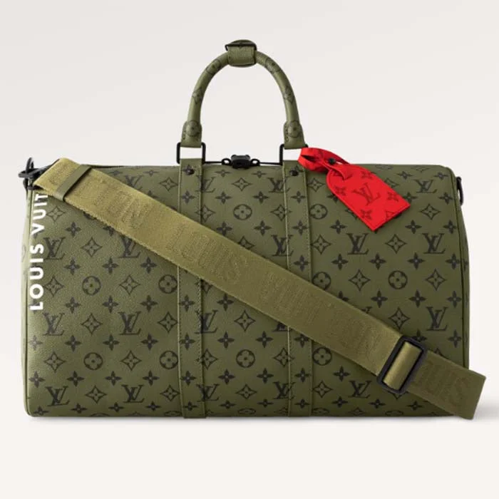 Louis Vuitton crossbody bags with adjustable shoulder straps for comfortLouis Vuitton LV Unisex Keepall Bandoulière 45 Khaki Green Vermillion Red Monogram Coated Canvas