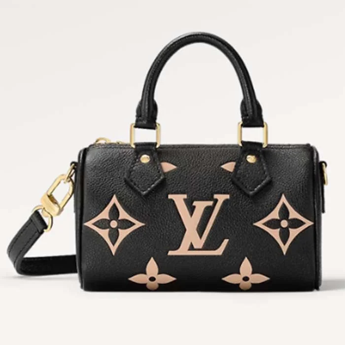 Louis Vuitton tote bags with a double - handle and shoulder - strap optionLouis Vuitton LV Women Nano Speedy Bag Black Beige Monogram Empreinte Embossed Supple Grained Cowhide Leather