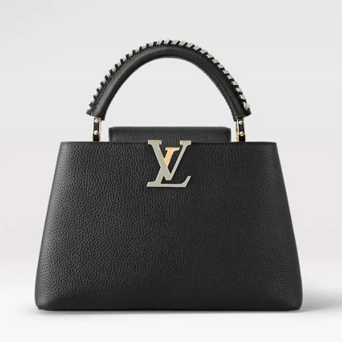 Louis Vuitton bags with a snap - button closure and a decorative charm for styleLouis Vuitton Women LV Capucines MM Black Etain Metallic Gray Taurillon Leather