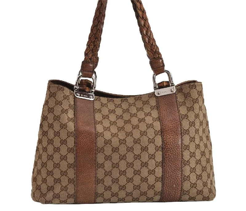 Gucci tote bags for women with a printed Gucci logoAuthentic GUCCI Bamboo Shoulder Hand Bag GG Canvas Leather 232947 Brown 3741J