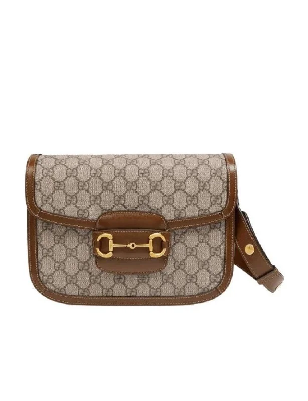 Gucci tote bags for women with a double - handle designGucci Horsebit 1955 logo print shoulder bag saddlebag gold buckle