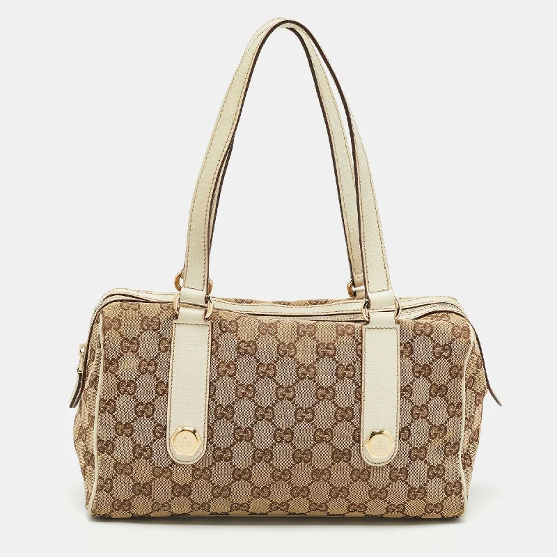 Women Gucci bags with a zip - around closure for securityGucci White/Beige GG Canvas Small Charmy Boston Bag