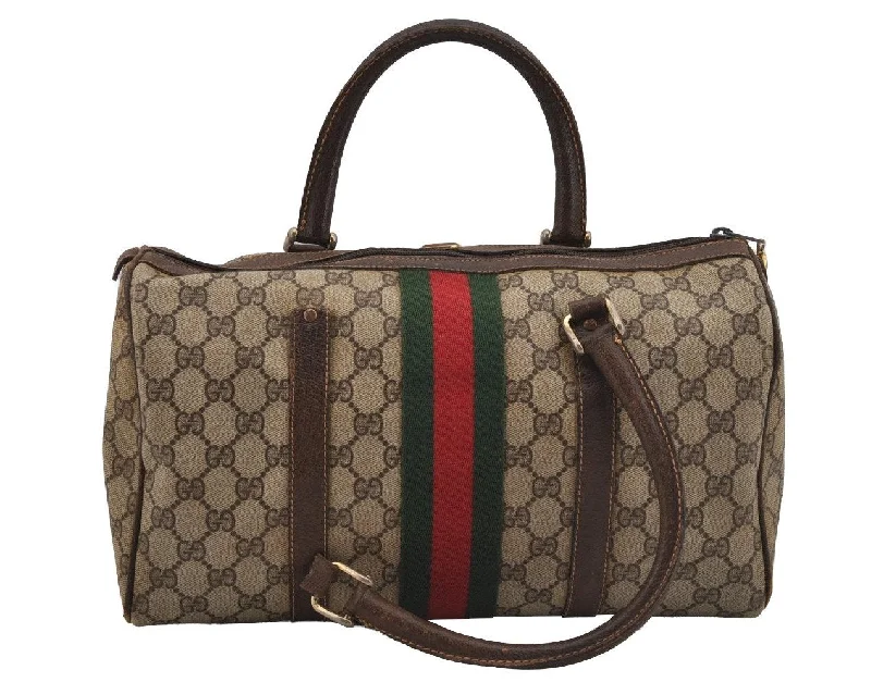 Women Gucci Sylvie bags with a detachable ribbon detailAuthentic GUCCI Web Sherry Line Hand Boston Bag GG PVC Leather Brown Junk 4862J