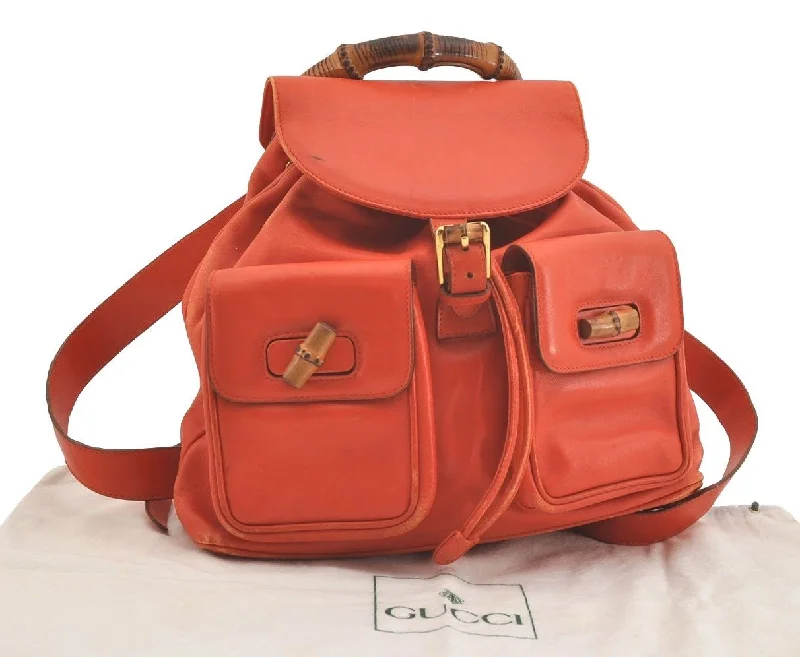 Ladies Gucci shoulder bags with a single - handle designAuthentic GUCCI Vintage Bamboo Drawstring Backpack Leather Orange 3669J