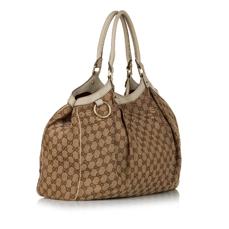 Women Gucci Sylvie bags with a leather - wrapped handleGucci GG Canvas Sukey Tote Bag (34104)