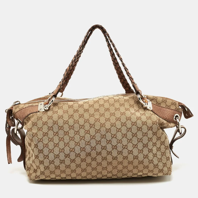 Women Gucci bags with a front - flap pocket for quick - access itemsGucci Brown/Beige GG Canvas Medium Bamboo Bar Tote