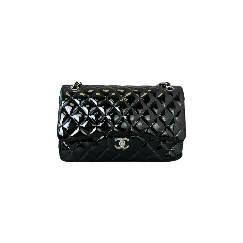 Chanel Chain Strap Handbag for Everyday UseJumbo Double Flap Black Patent Quilted SHW