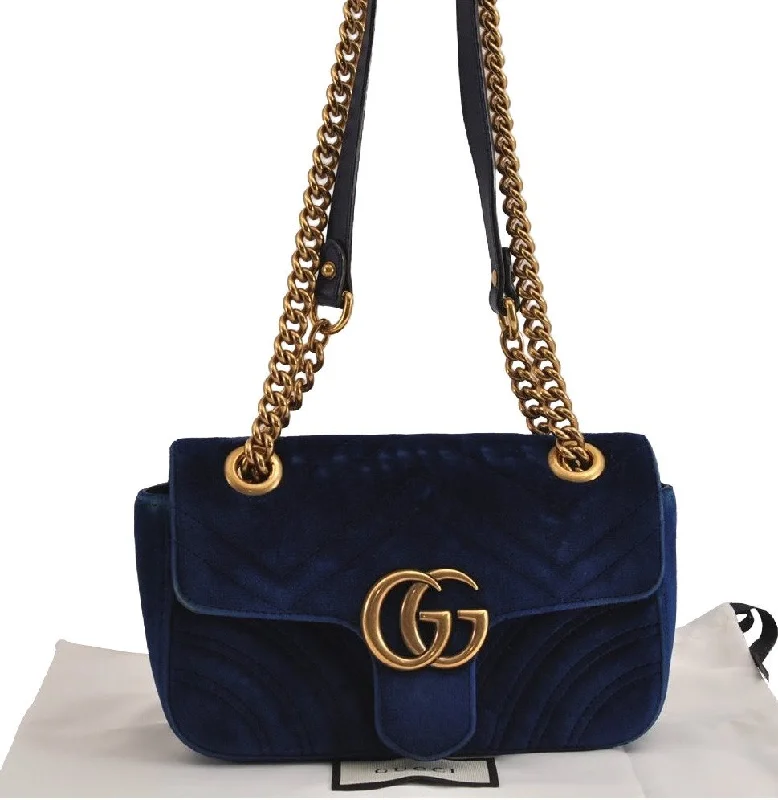 Gucci handbags for women with a back - zip pocketAuthentic GUCCI GG Marmont Chain Shoulder Crossbody Bag Velour 446744 Blue 5368J