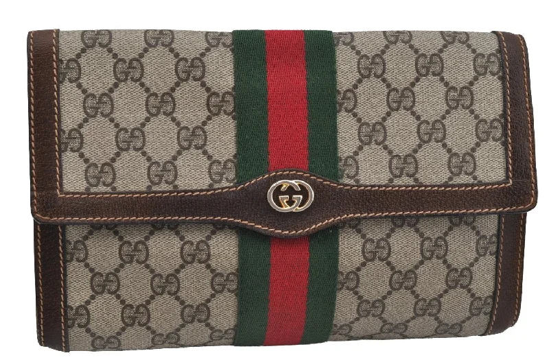 Gucci Dionysus bags for women with tiger - head claspsAuthentic GUCCI Web Sherry Line Clutch Hand Bag Purse GG PVC Leather Brown 3811J