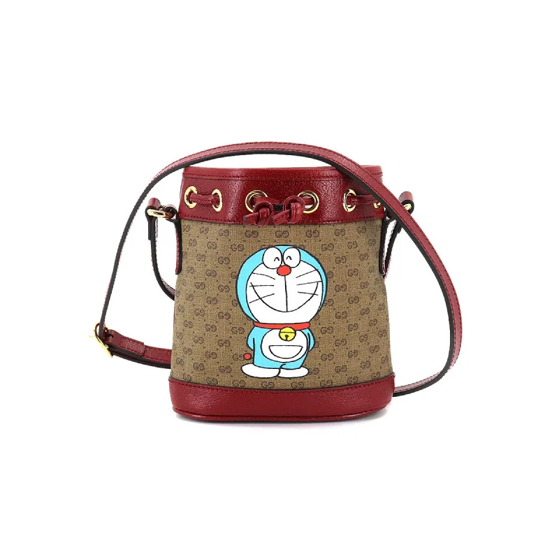 Women Gucci bags with a detachable mirror insideGucci Doraemon Mini GG Supreme Bucket Bag Shoulder Brown Cherry Red 647801