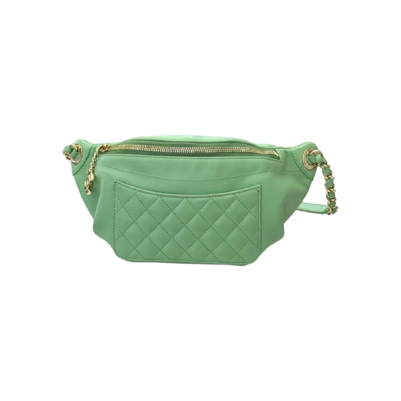 Chanel All - Match Handbag for Versatile StylingCrumpled Lambskin Quilted Bi Belt Bag Light Green GHW