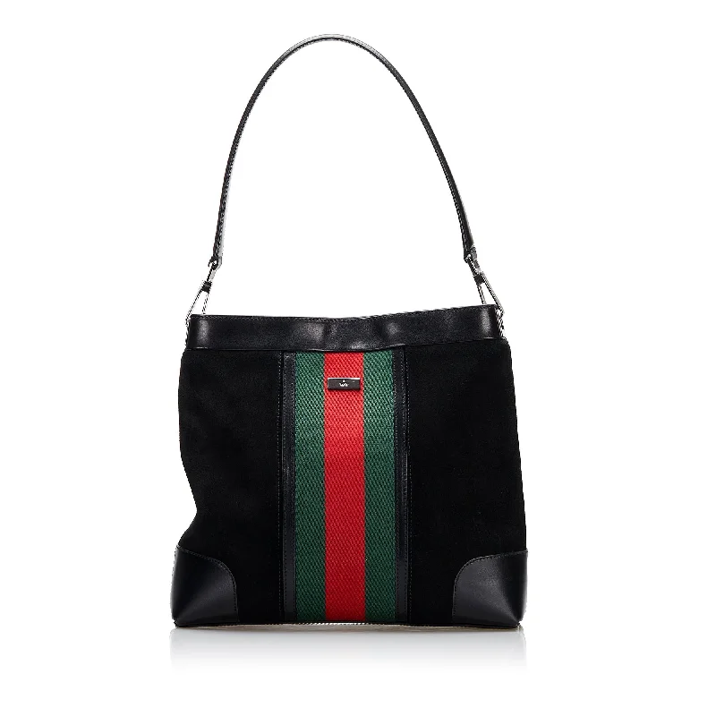 Women Gucci bags with a snap - button closure and a decorative charmGucci Web Suede Shoulder Bag