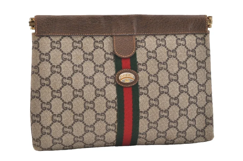 Women Gucci crossbody bags with a keychain holderAuthentic GUCCI Web Sherry Line GG Plus Clutch Bag PVC Leather Brown Junk 4385J