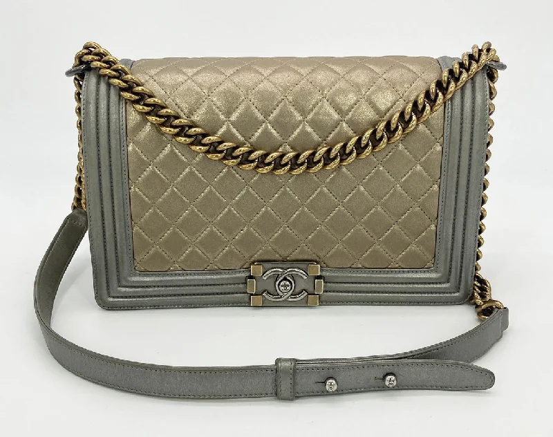 Chanel Chain Strap Handbag for Everyday UseChanel Gold Silver Leather Medium Boy Bag Classic Flap