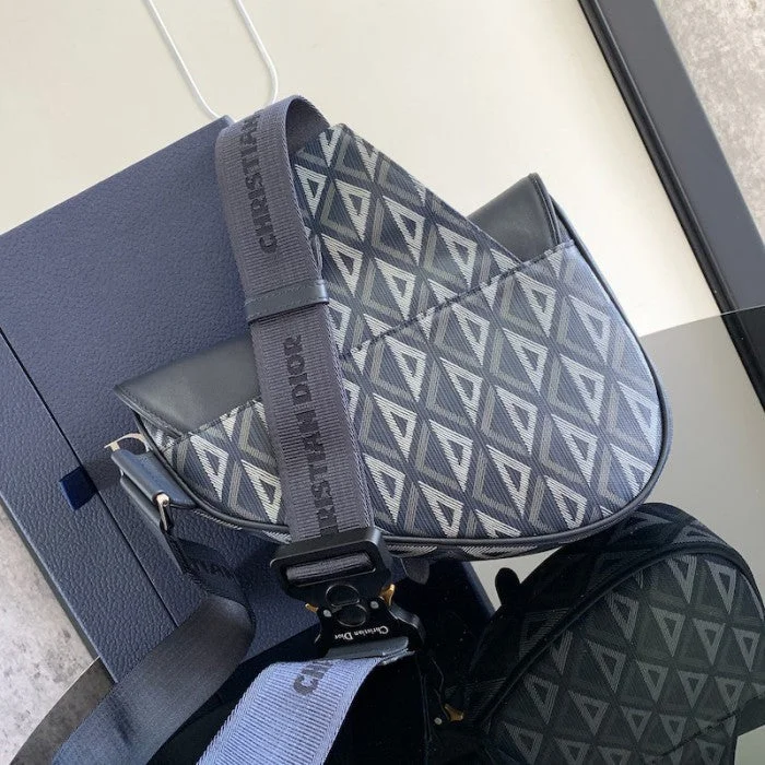 Christian Dior tote bags with a printed Dior logo on the frontDior Saddle Bag Navy Blue CD Diamond Canvas and Smooth Calfskin