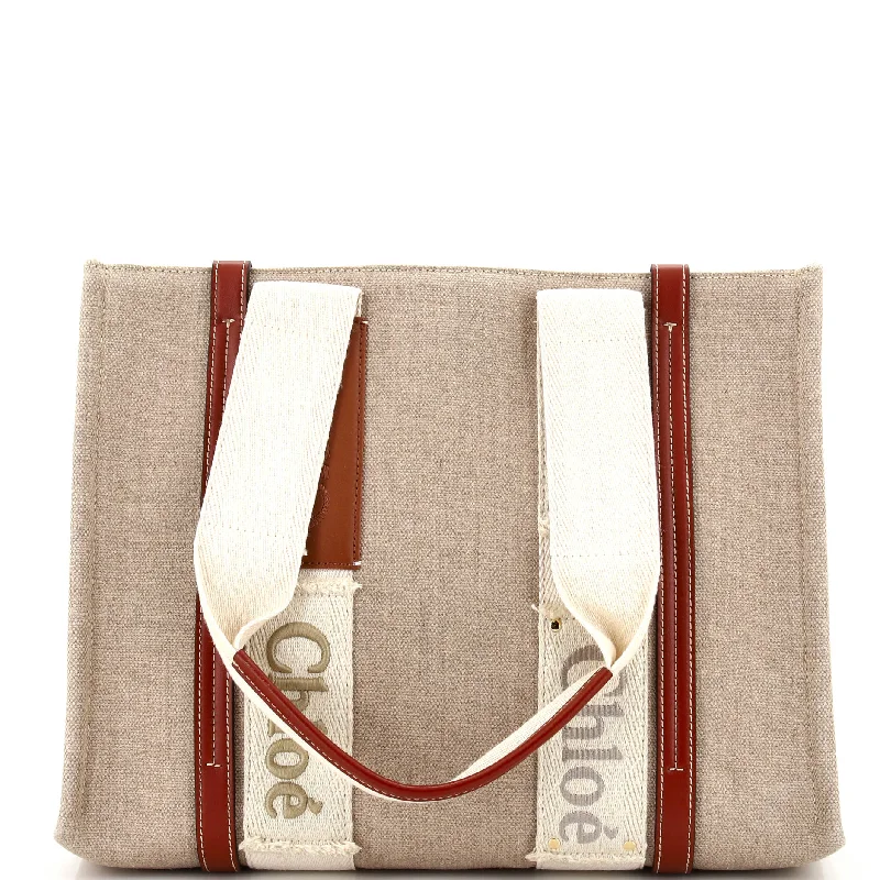 Christian Dior handbags with a snap - button closure and a decorative buckleWoody Logo Tape Detail Tote Canvas with Leather Medium